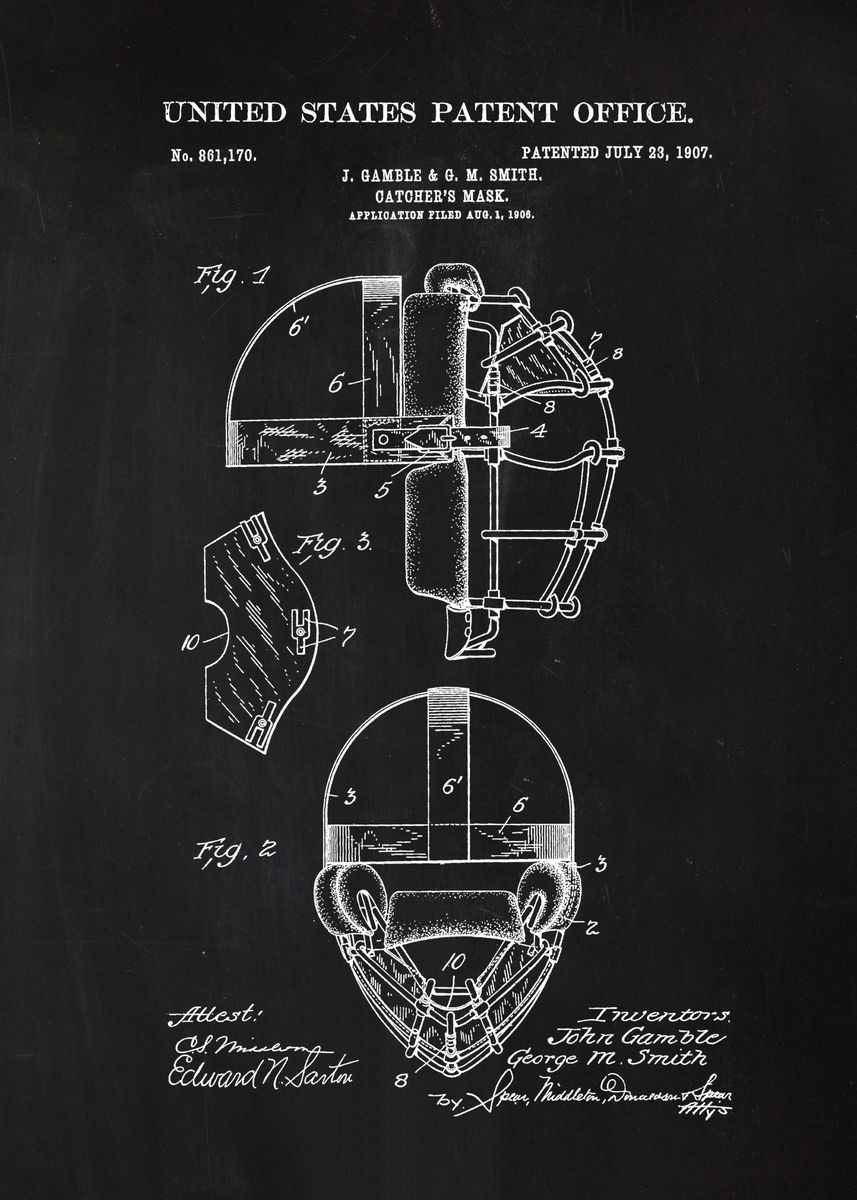 Baseball Catchers Mask Decor Baseball Catcher Patent Print 