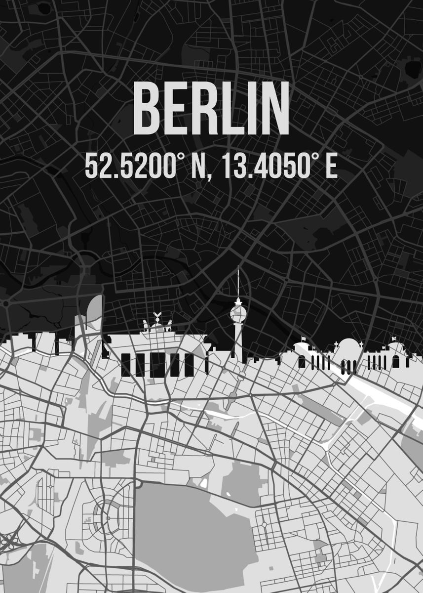 'Berlin Skyline City Map' Poster by Jorn | Displate