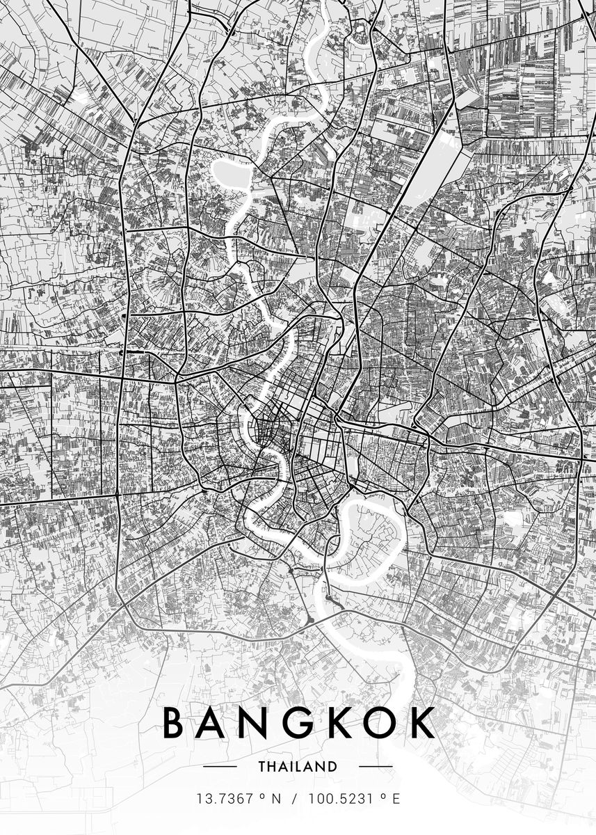 'Bangkok City Map White' Poster, picture, metal print, paint by MVDZ ...