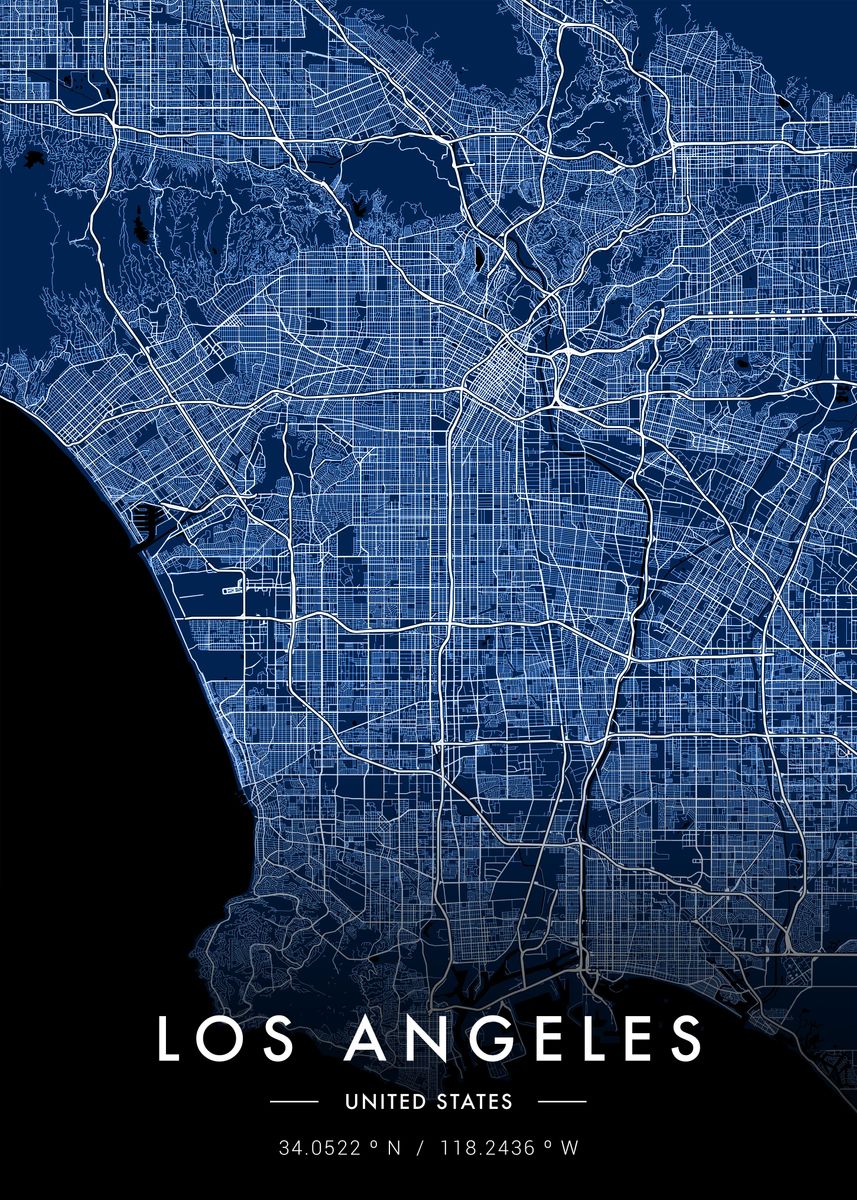 'Los Angeles City Map Blue' Poster, picture, metal print, paint by MVDZ ...