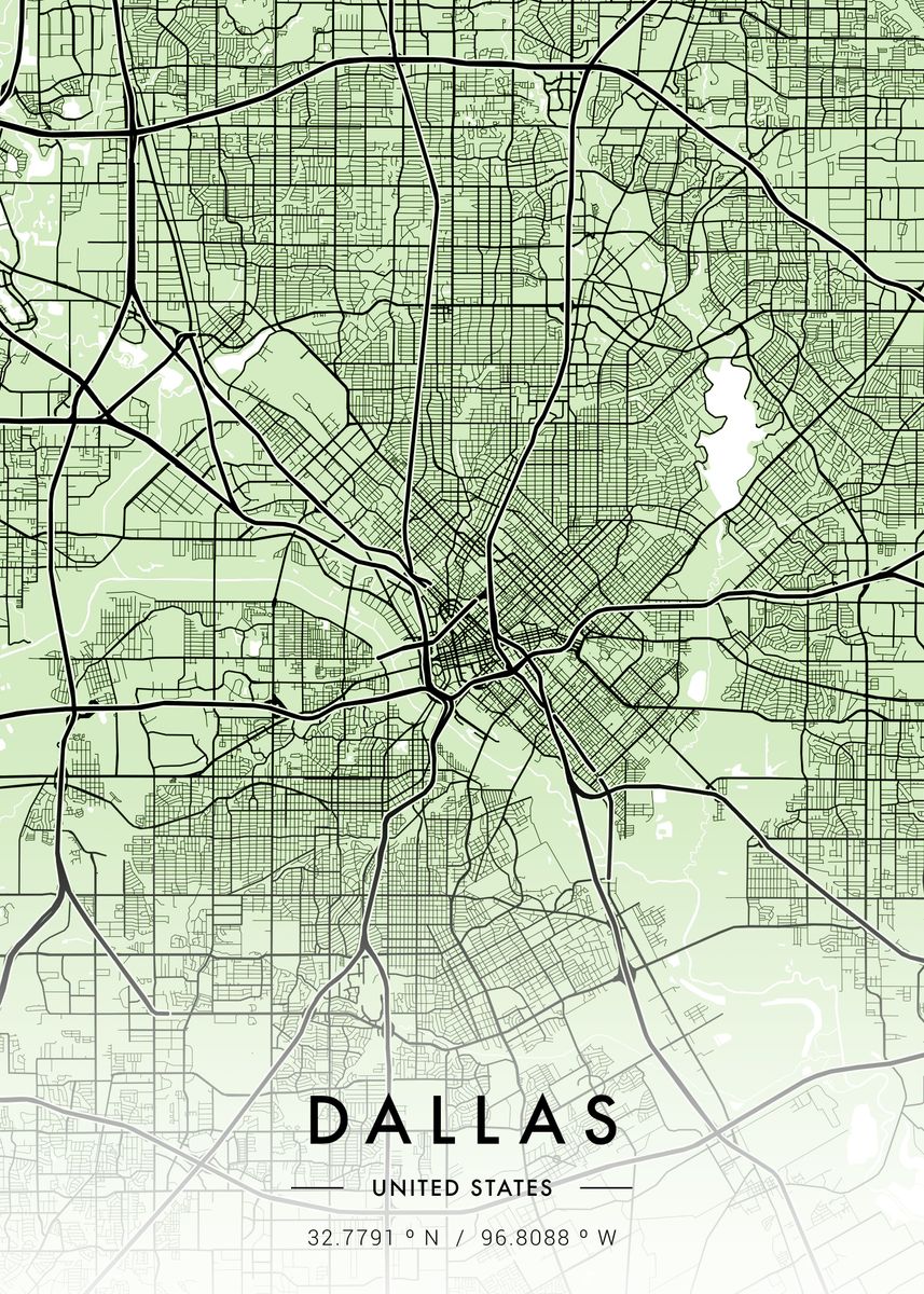 'Dallas City Map Green' Poster, picture, metal print, paint by MVDZ ...