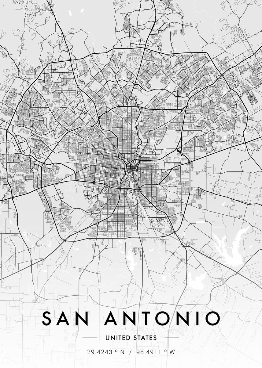 'San Antonio City Map White' Poster, picture, metal print, paint by ...