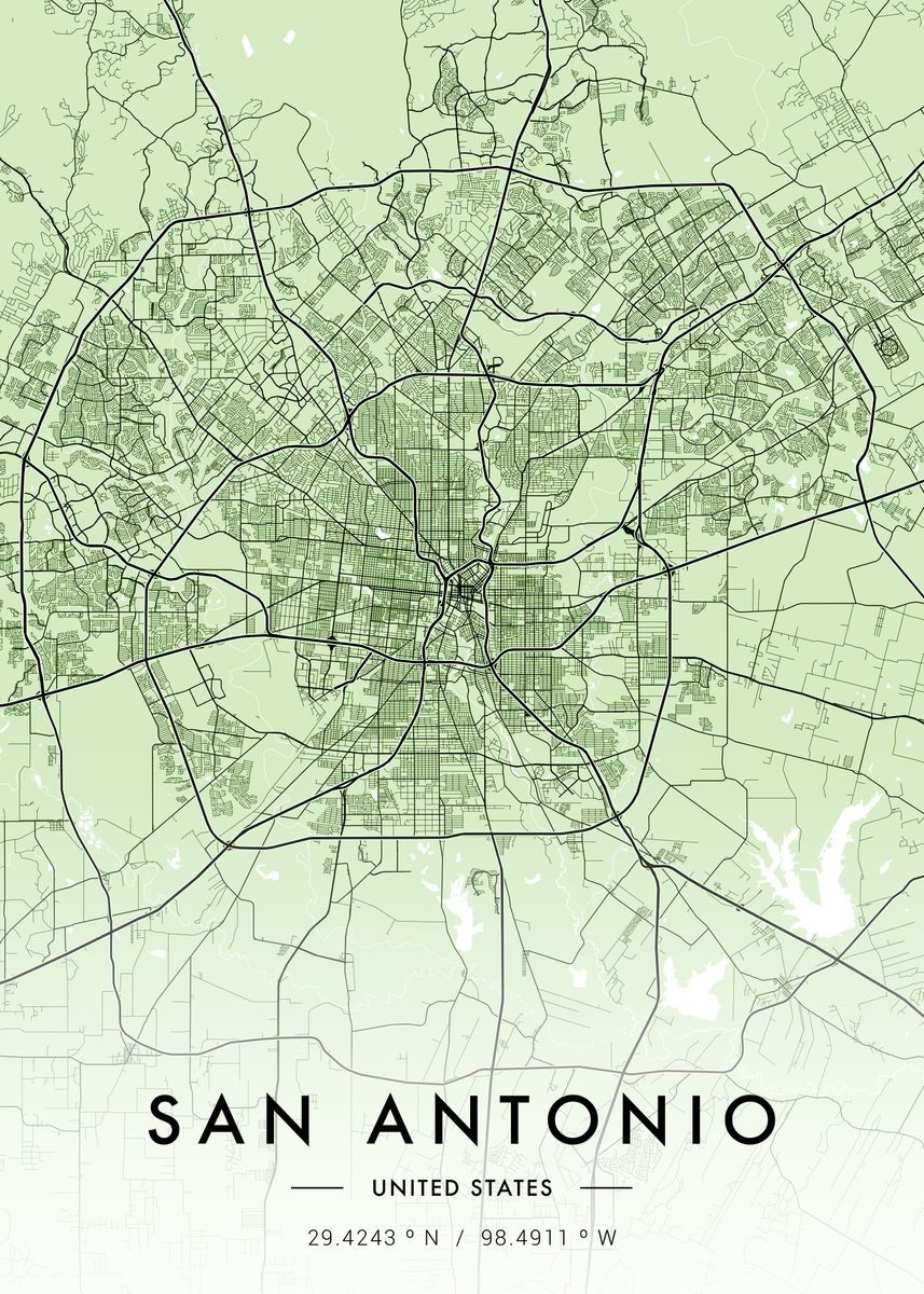 'San Antonio City Map Green' Poster, picture, metal print, paint by ...