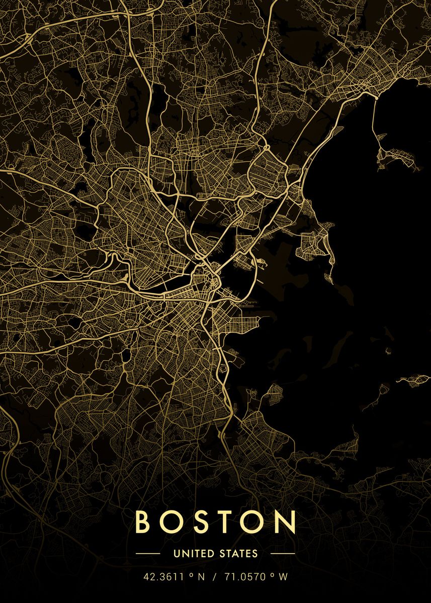&lsquo;Boston City Map Gold&rsquo; Poster, picture, metal print, paint by MVDZ