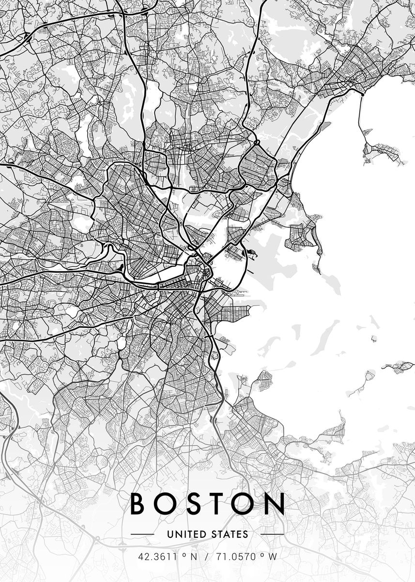 'Boston City Map White' Poster, picture, metal print, paint by MVDZ ...