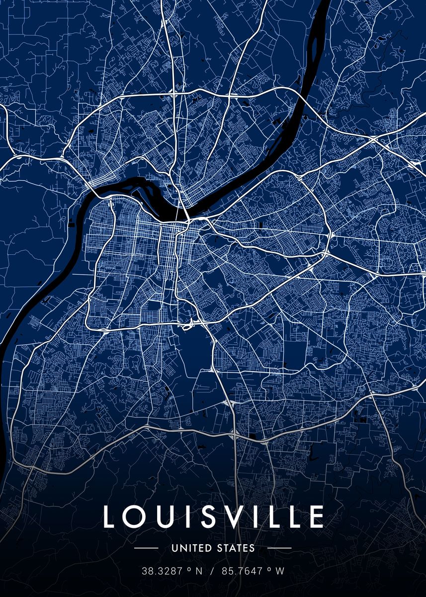 'Louisville City Map Blue' Poster, picture, metal print, paint by MVDZ ...