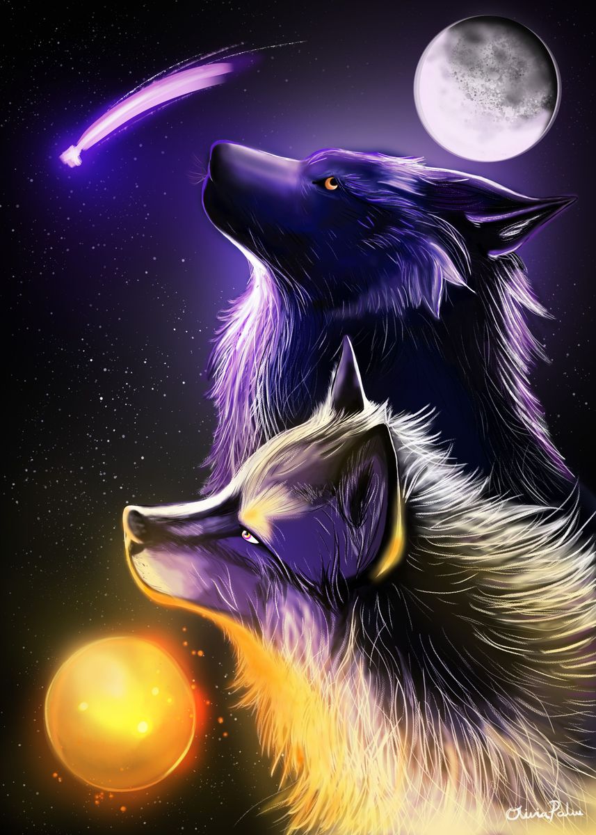 'Sun and moon wolfs' Poster, picture, metal print, paint by Carl Palm ...