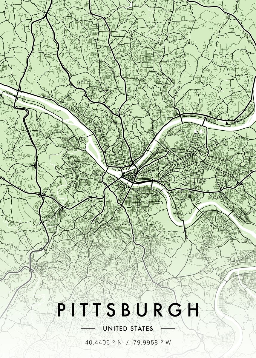 'Pittsburgh City Map Green' Poster, picture, metal print, paint by MVDZ ...