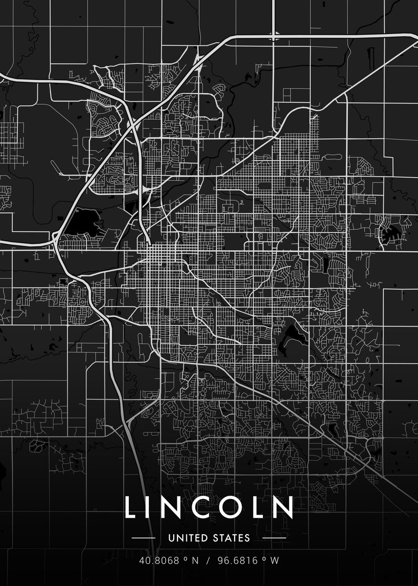 'Lincoln City Map Dark' Poster, picture, metal print, paint by MVDZ ...