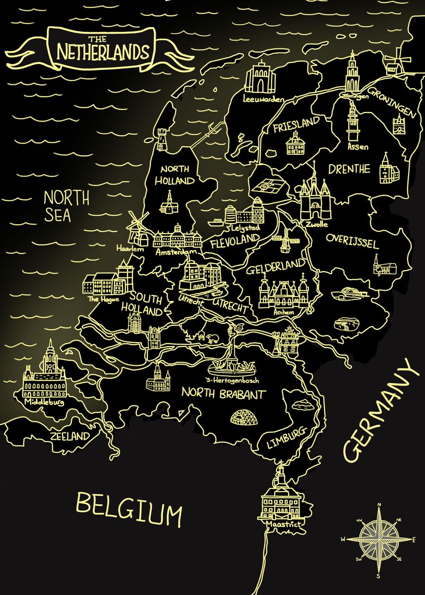 'Glowing Netherlands Map' Poster, picture, metal print, paint by ...