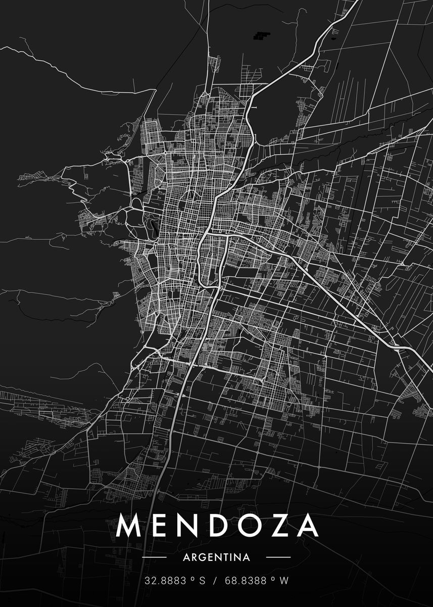 'mendoza City Map Dark' Poster, Picture, Metal Print, Paint By Mvdz 