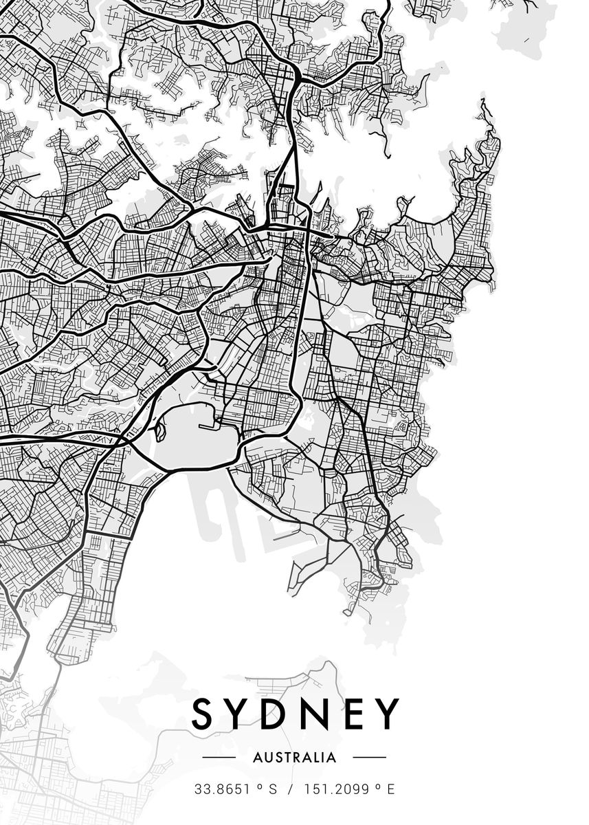 'Sydney City Map White' Poster, picture, metal print, paint by MVDZ ...