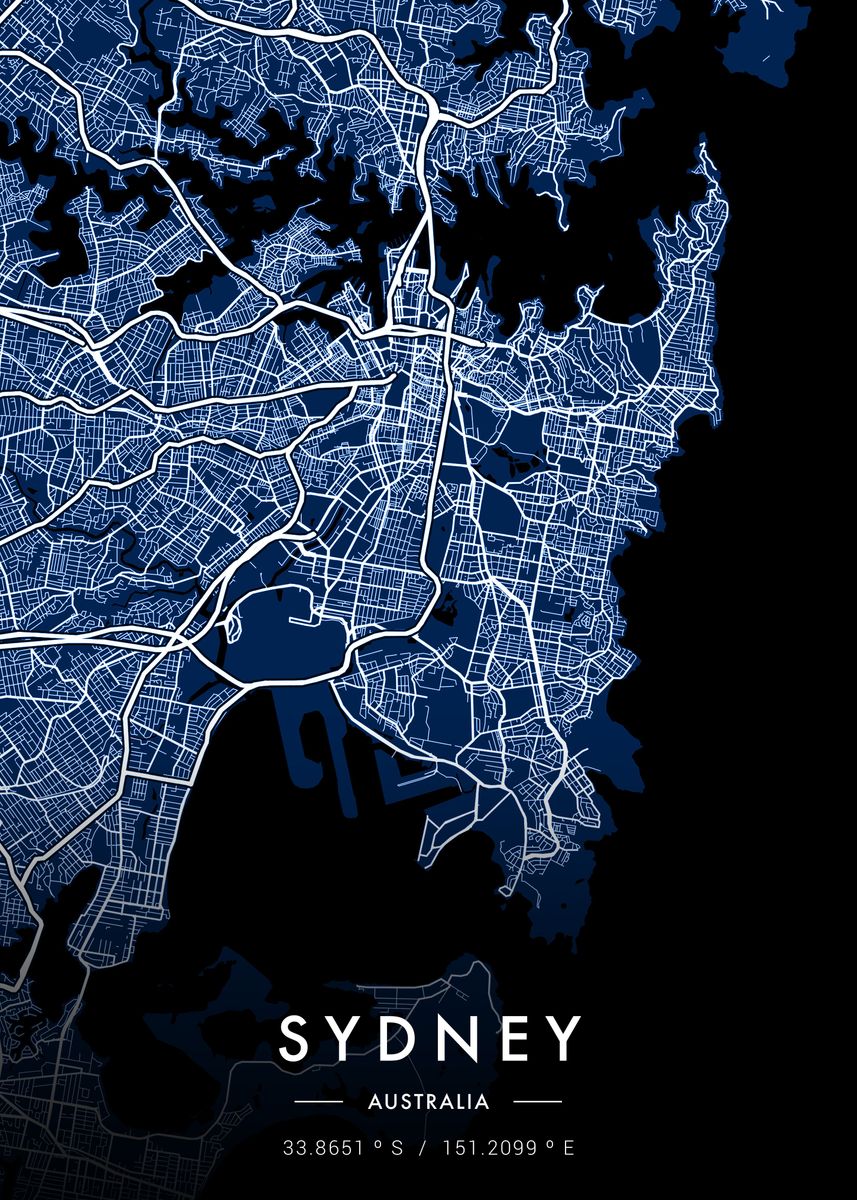 'Sydney City Map Blueprint' Poster, picture, metal print, paint by MVDZ ...