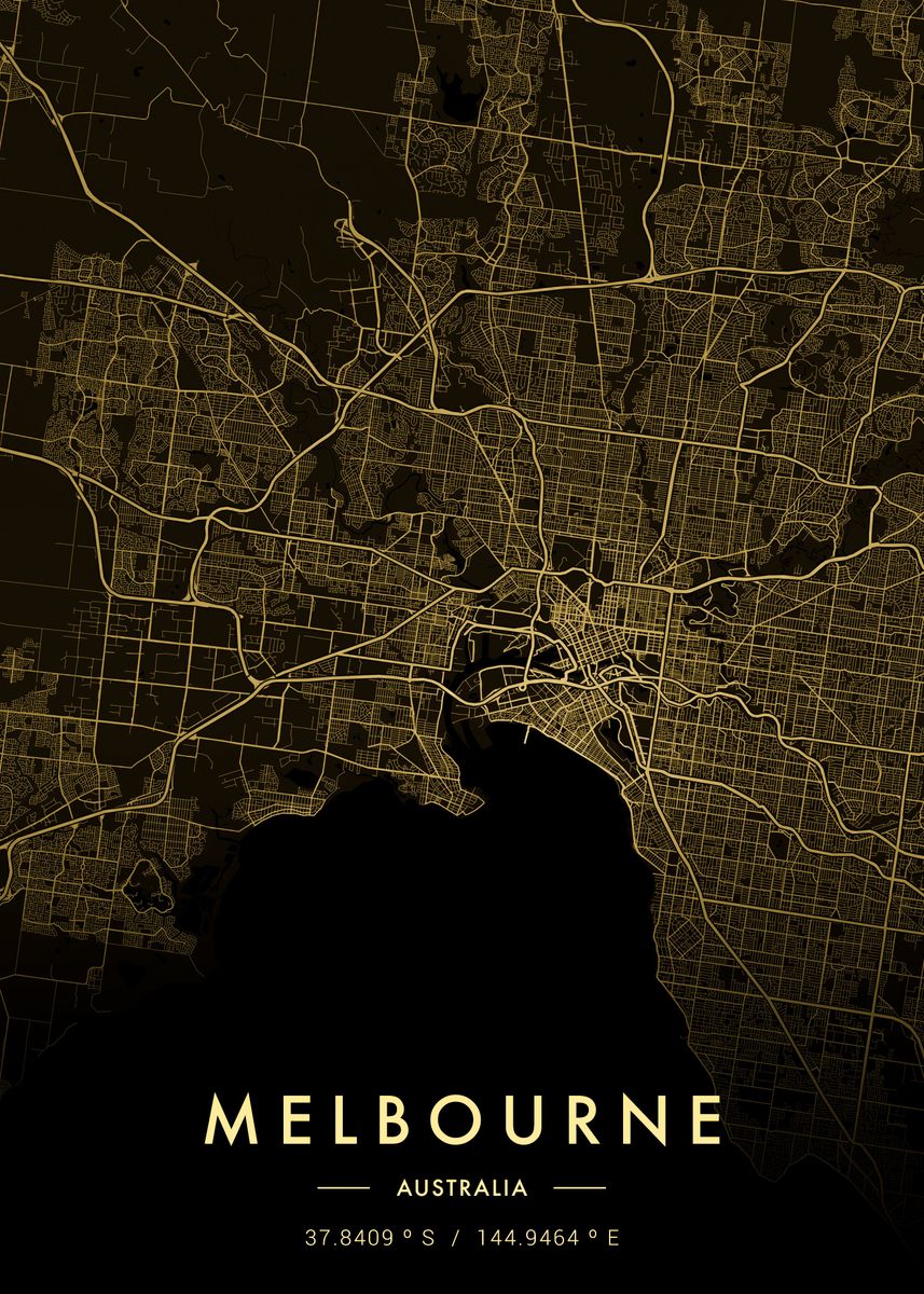 'Melbourne City Map Gold' Poster, picture, metal print, paint by MVDZ ...