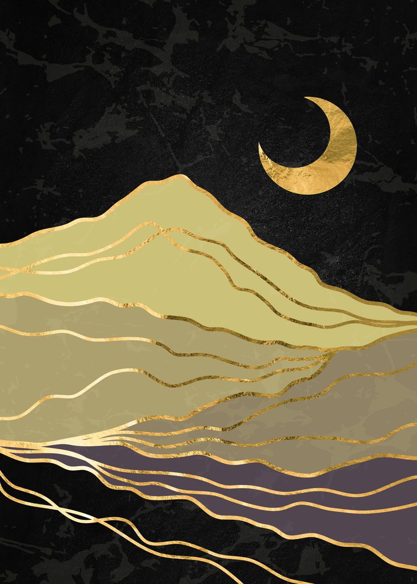 'Gold landscape and Moon' Poster, picture, metal print, paint by Moon ...