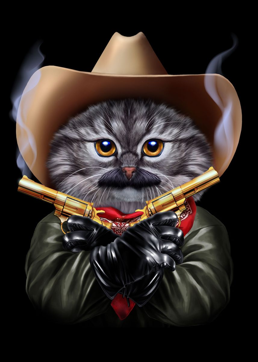 ‘Cowboy Grey Cat’ Poster, picture, metal print, paint by Fox Republic