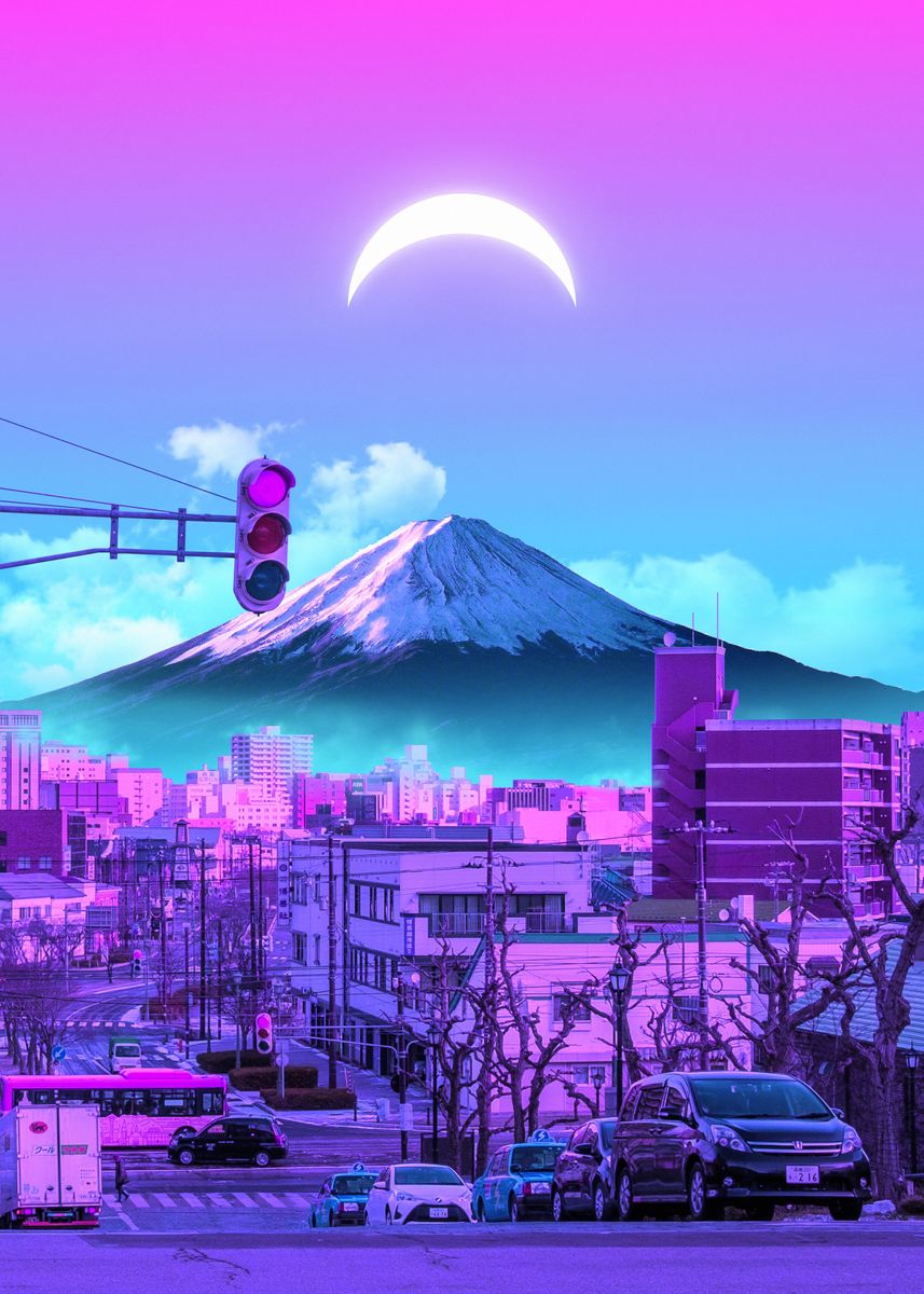 'Vaporwave Fuji' Poster, picture, metal print, paint by Exhozt | Displate