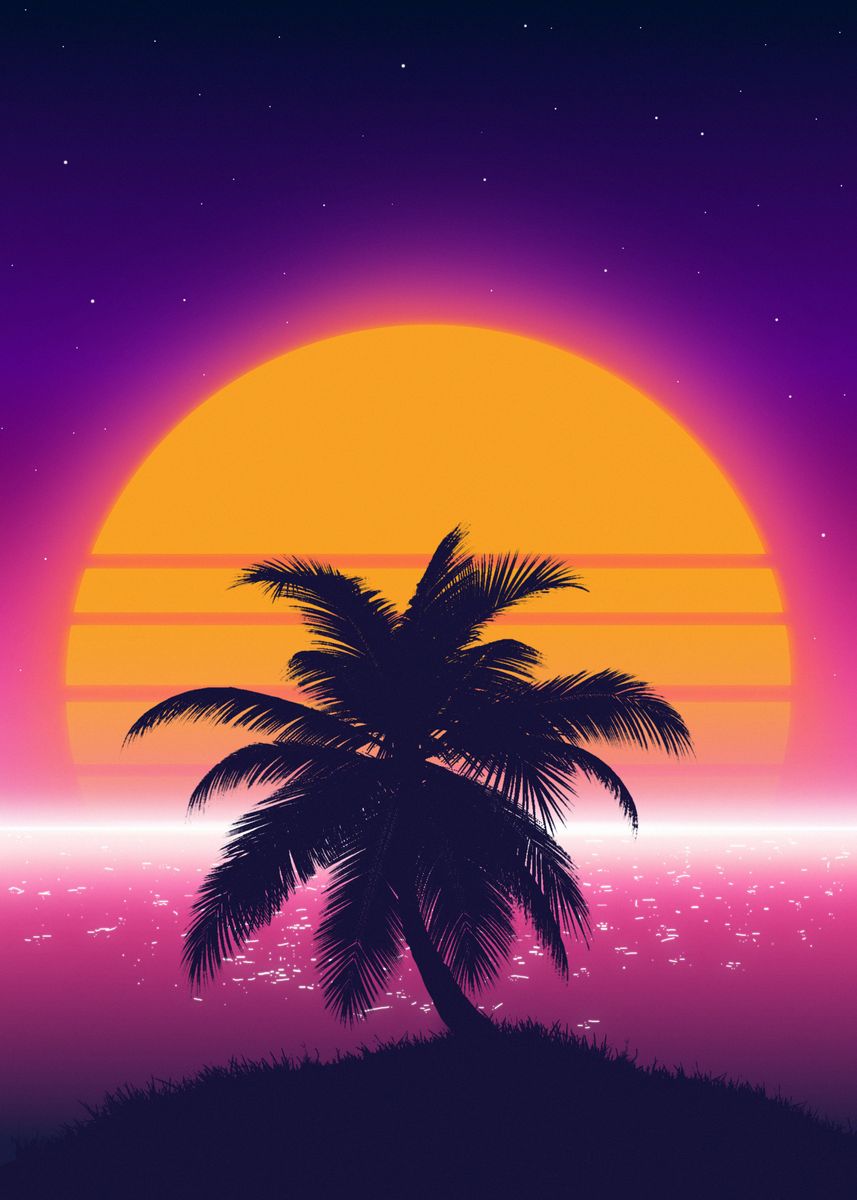 '80s Palm Sunset' Poster, picture, metal print, paint by Exhozt | Displate