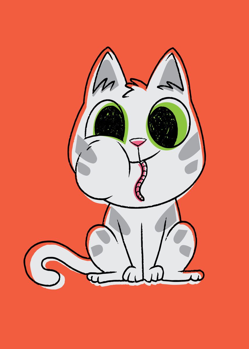 'CUTE CAT EATING WORMS' Poster by Geschenkelaune Displate