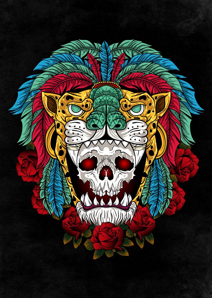 Aztec Warrior Skull Aztec warrior skull, jaguar warrior | Art Board Print