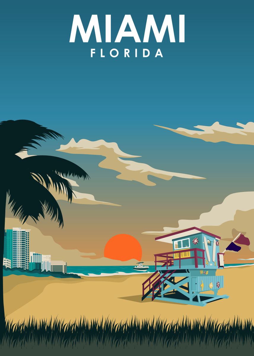 'Miami Flordia Travel Print' Poster, picture, metal print, paint by ...