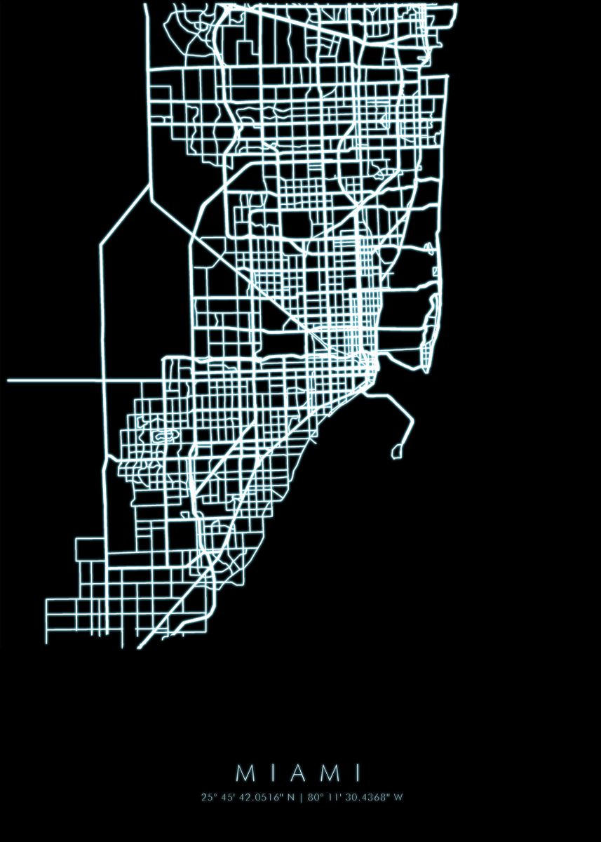 'Miami Neon Map' Poster, picture, metal print, paint by NAKU | Displate