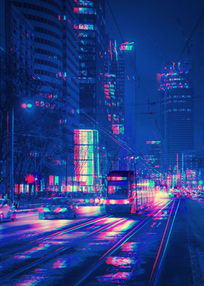 'Train Neon Night In City ' Poster, picture, metal print, paint by Mild ...