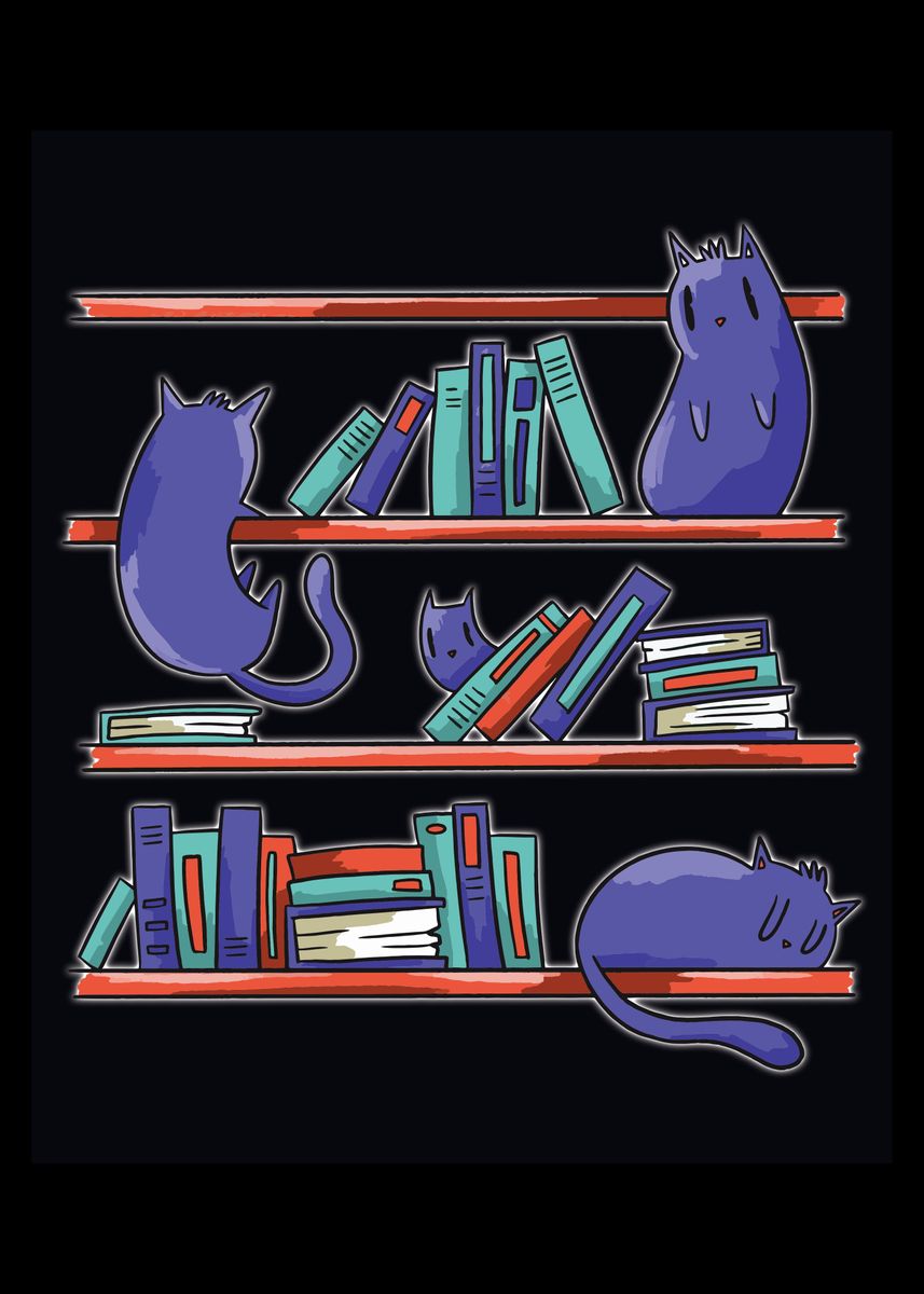 'Cats on a bookshelf' Poster, picture, metal print, paint by Andreas ...