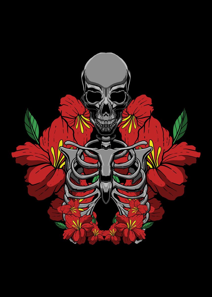 'Skeleton Skull Roses Gothi' Poster, picture, metal print, paint by ...