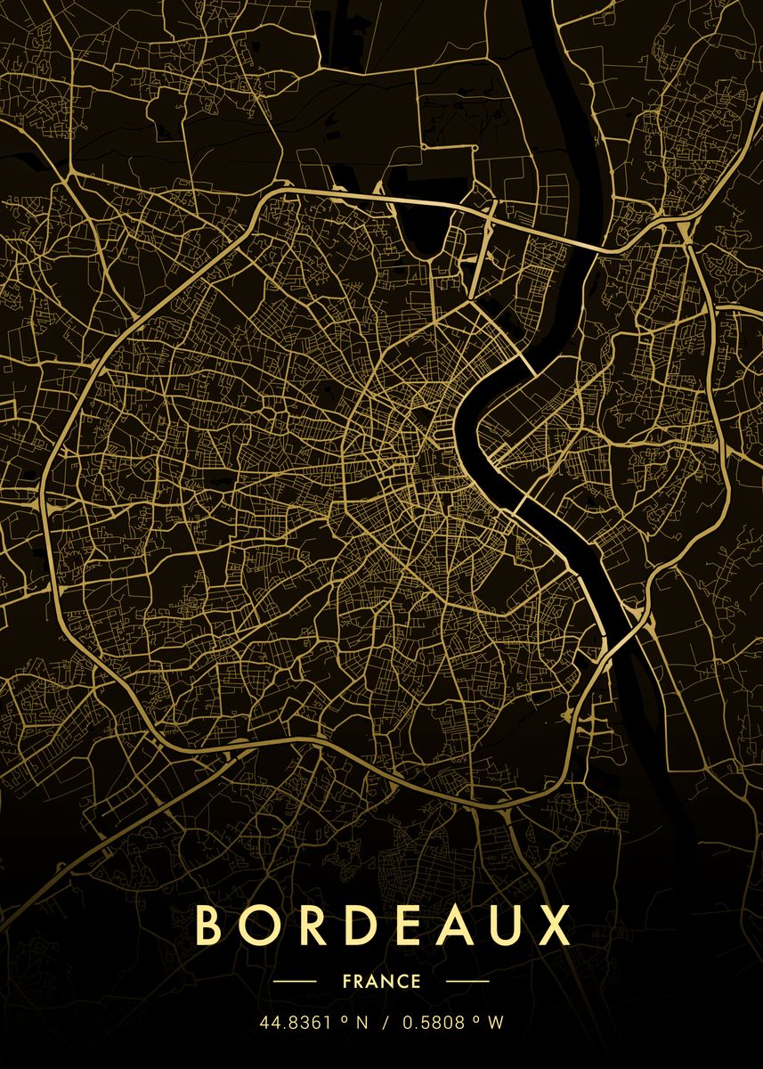 'Bordeaux City Map Gold' Poster, picture, metal print, paint by MVDZ ...