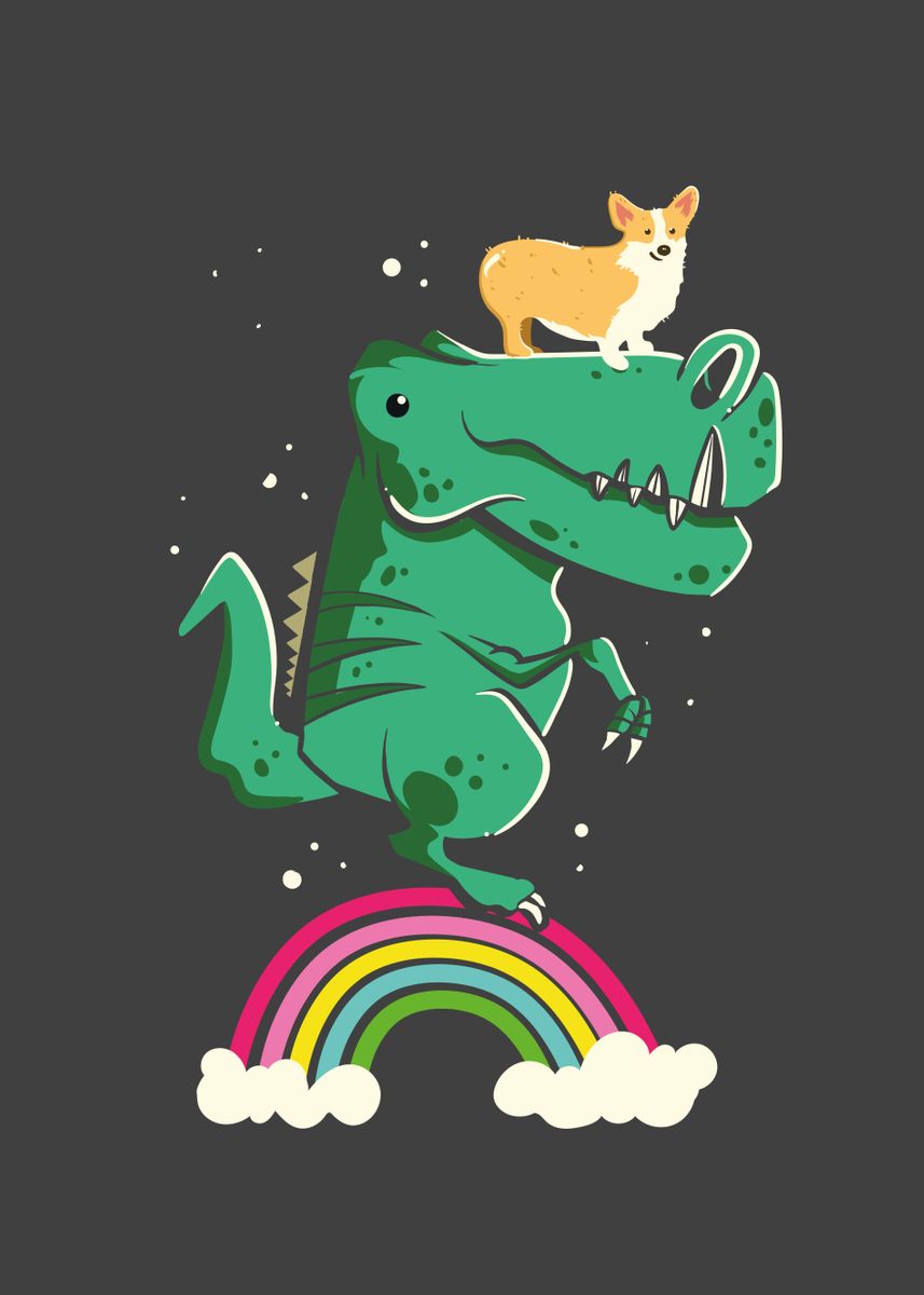 'Corgi Riding Dinosaur' Poster, picture, metal print, paint by ...