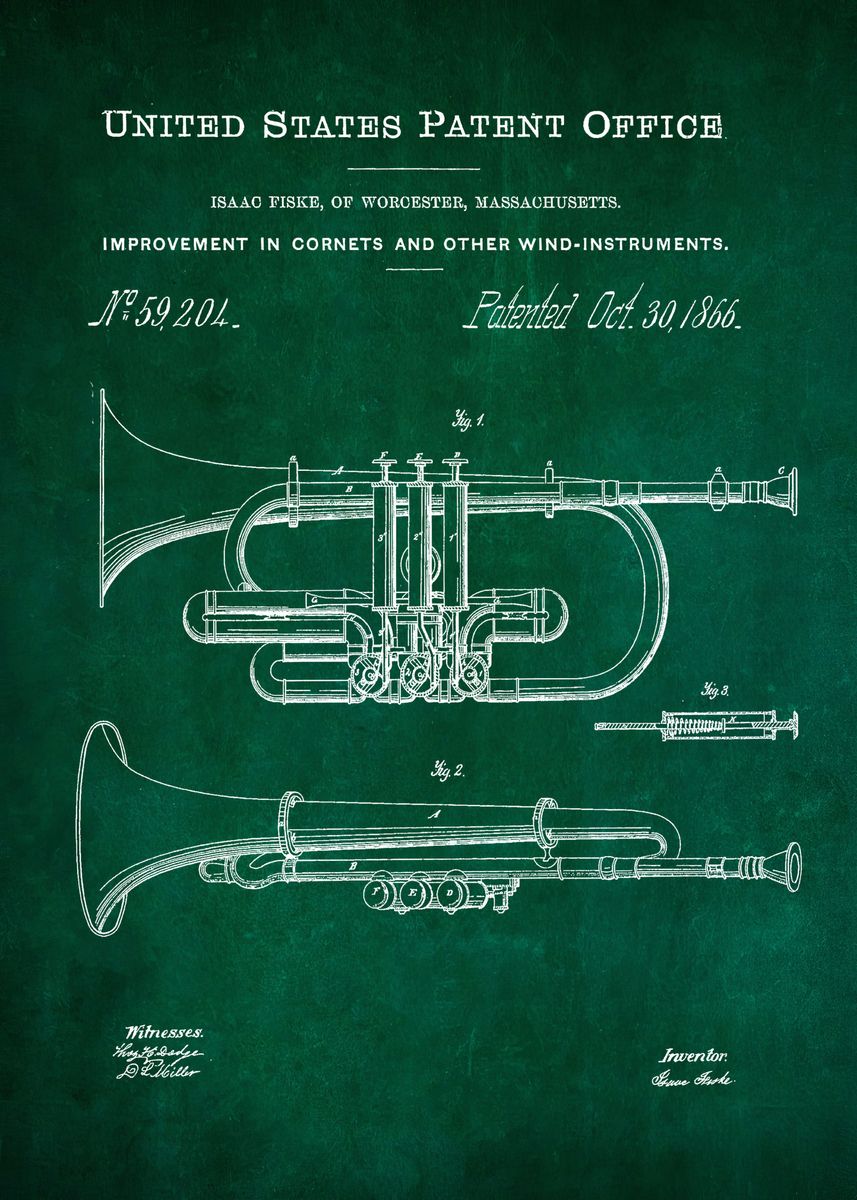 '53 Wind Instrument Patent' Poster, picture, metal print, paint by Tara ...