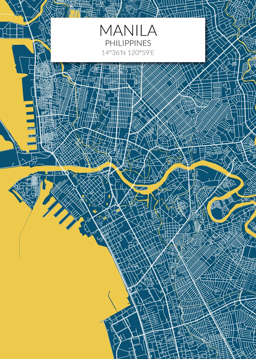 Color Manila Map 'Manila Map Blue Yellow' Poster, picture, metal print, paint by ...