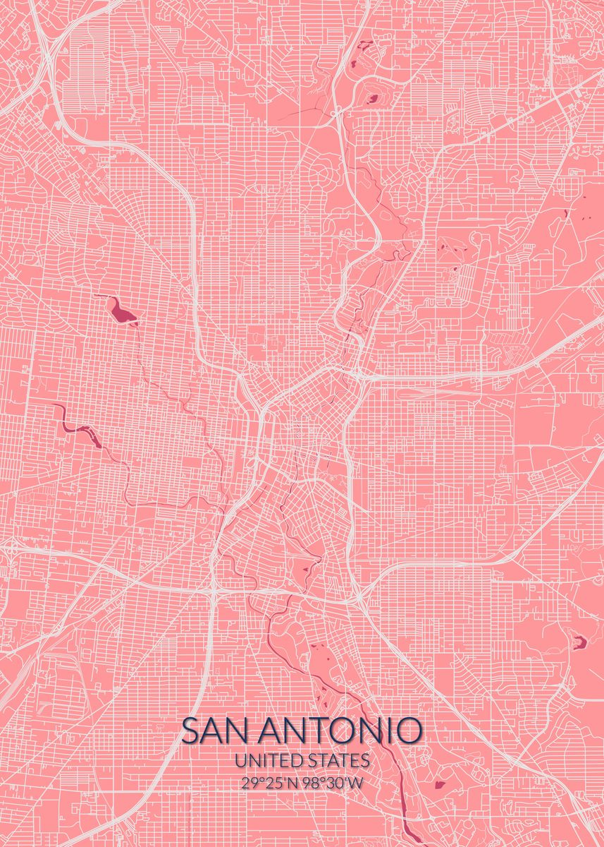 'San Antonio Pink Rose Map' Poster, picture, metal print, paint by ...
