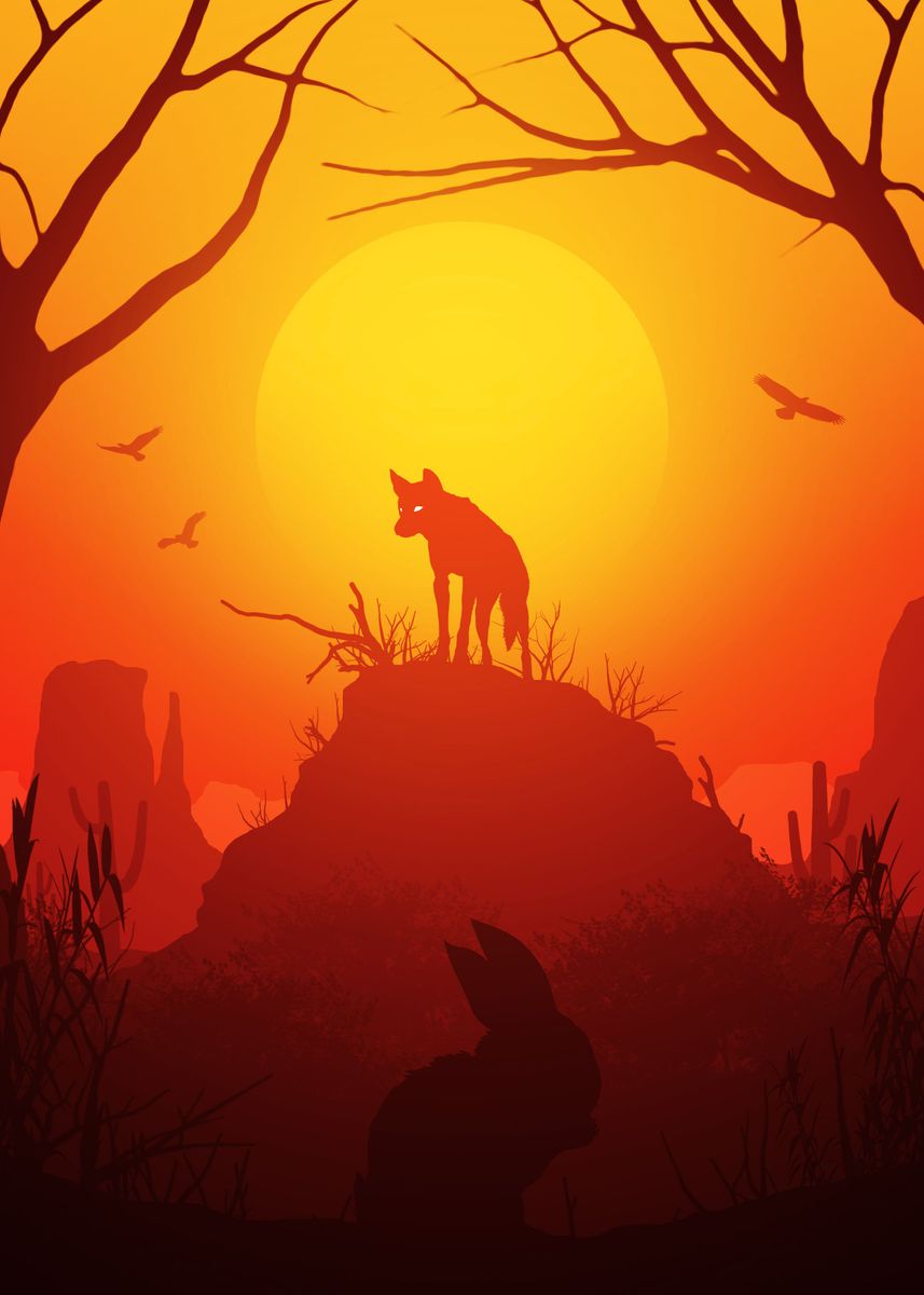 'Wolf coyote sunset' Poster, picture, metal print, paint by ...