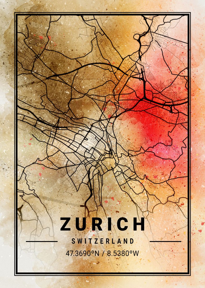 'Zurich Map Switzerland' Poster, picture, metal print, paint by Max ...