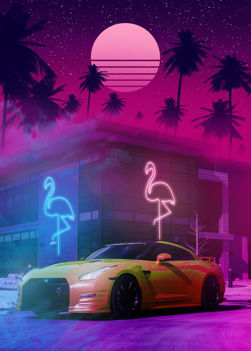 'Neon Flamingo Gtr R34' Poster by Ziartz Poster | Displate