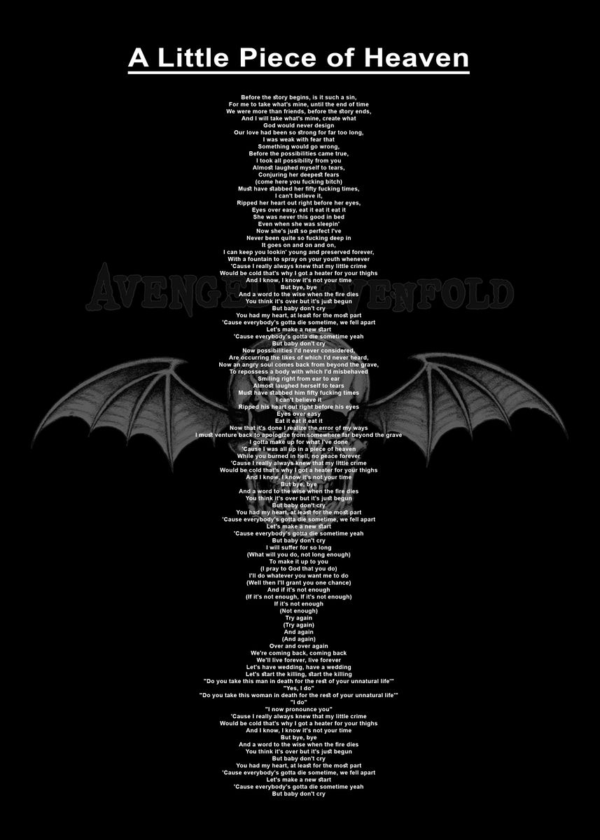 Avenged Sevenfold A Little Piece of Heaven Landscape Music Script Two  Hearts Song Lyric Print - Song Lyric Designs