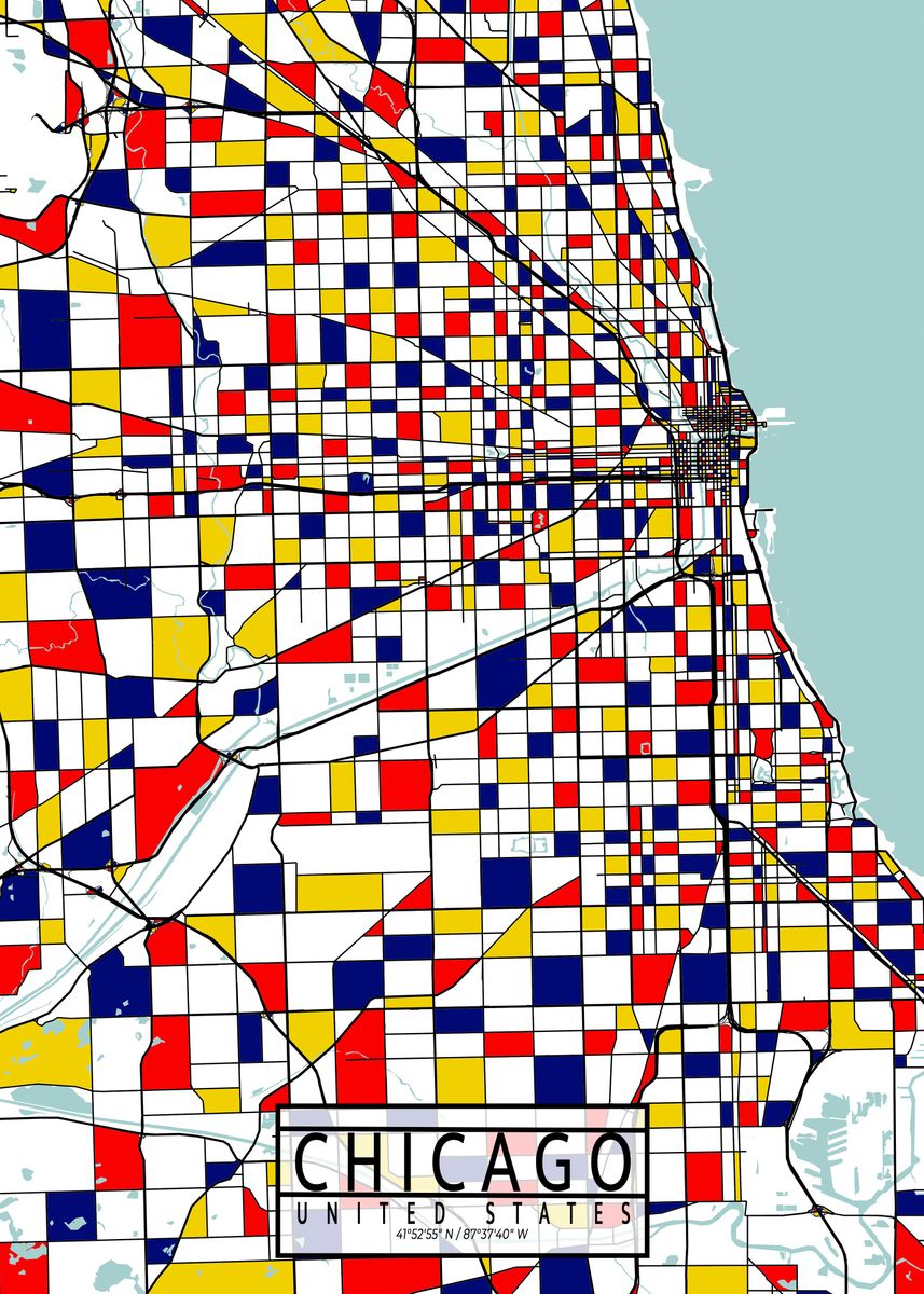 'chicago City Map Mondrian' Poster, Picture, Metal Print, Paint By 