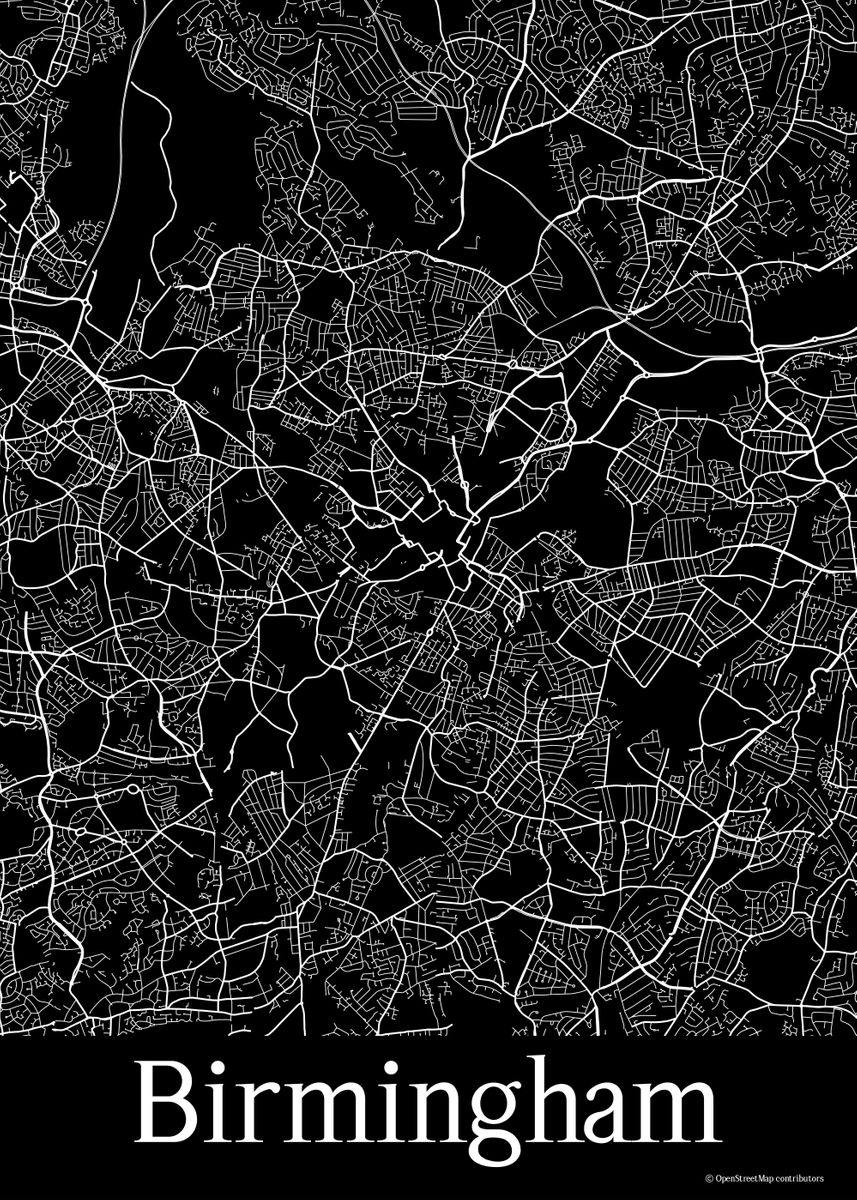 'Birmingham UK Black Map' Poster, picture, metal print, paint by ...