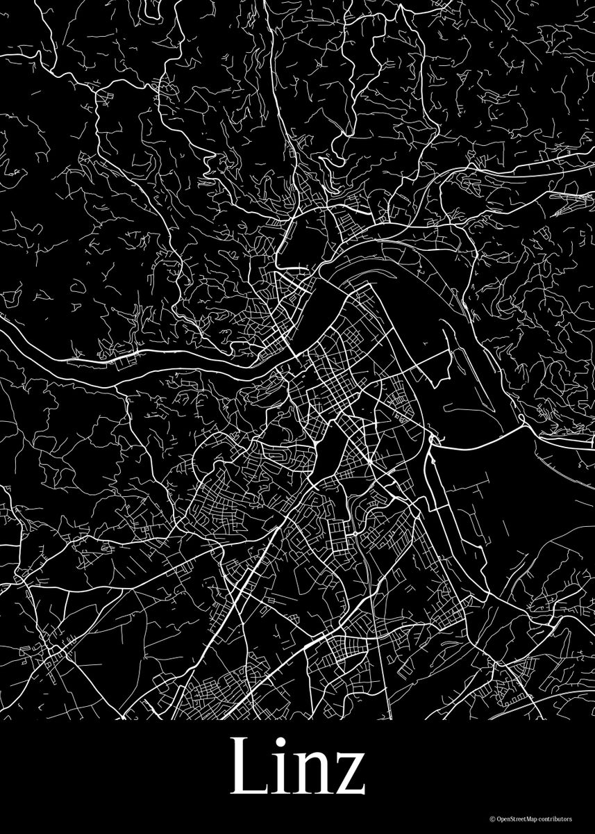 'Linz Austria Black Map' Poster, picture, metal print, paint by ...