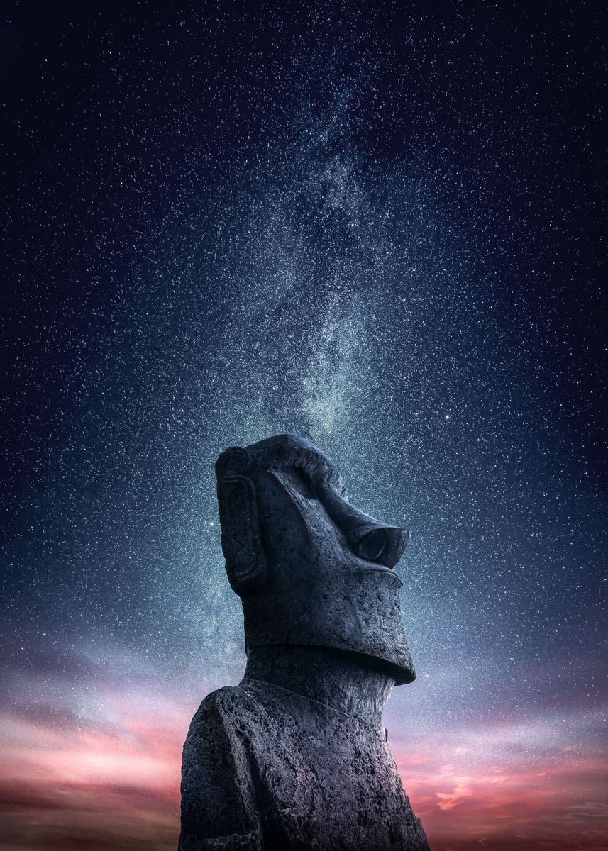 'Moai statue at Night' Poster by Grafixartphoto Samir Belhamra | Displate