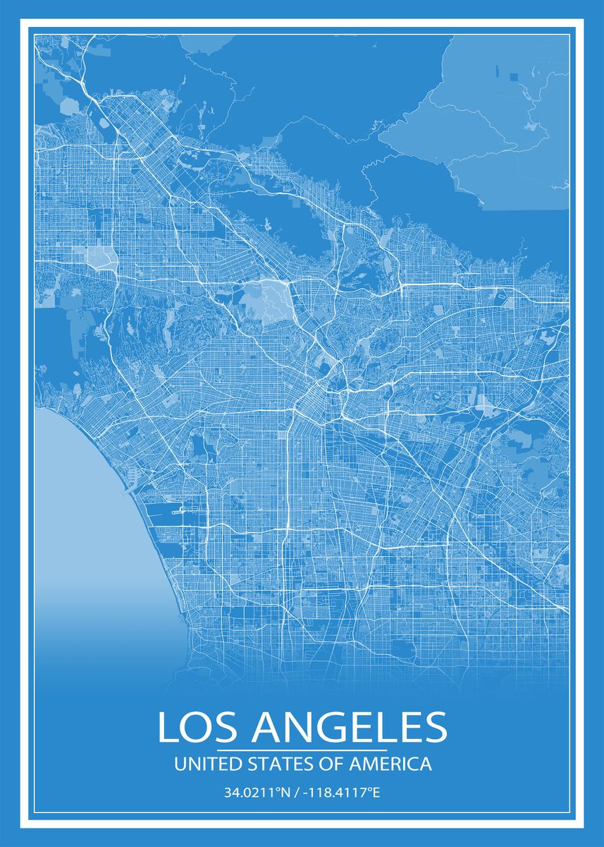 'Los Angeles Blue White Map' Poster, picture, metal print, paint by ...