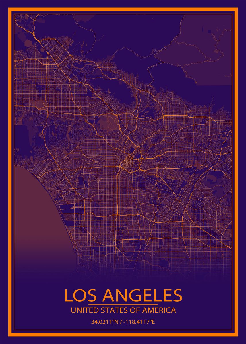 'LA Purple and Orange Map' Poster, picture, metal print, paint by Wall ...