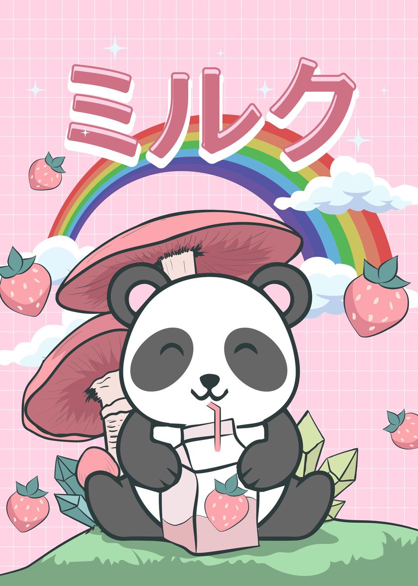 Retro Kawaii Panda with strawberry milk carton' Sticker