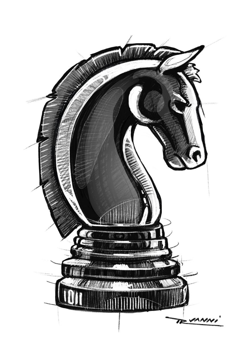 Illustration of horse chess pieces, black and white