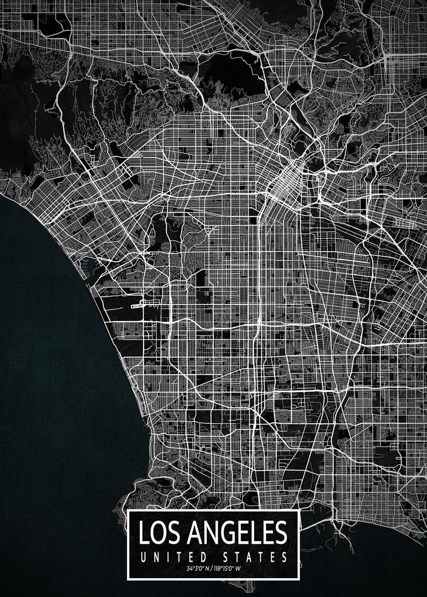 'Los Angeles City Map Dark' Poster, picture, metal print, paint by ...