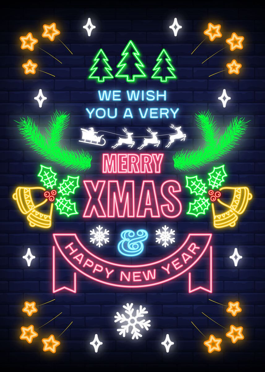 'Christmas Neon Light Sign' Poster, picture, metal print, paint by