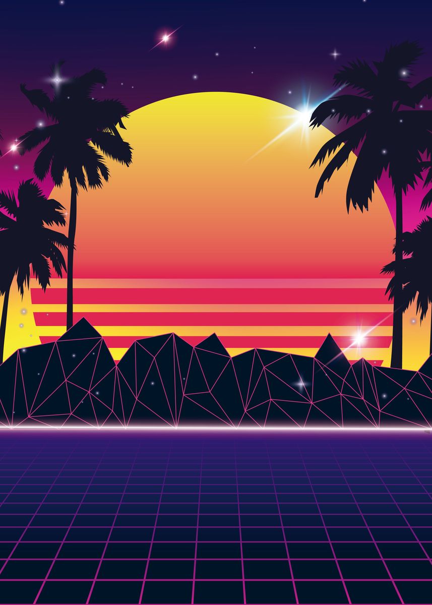 'Flaming Sunset 80s Synth' Poster by EDM Project | Displate