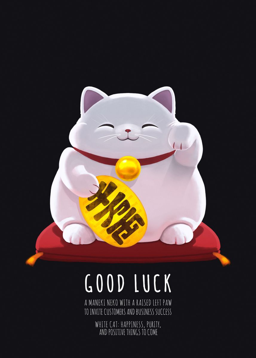 'Lucky White Cat Left Paw' Poster, picture, metal print, paint by Mashz